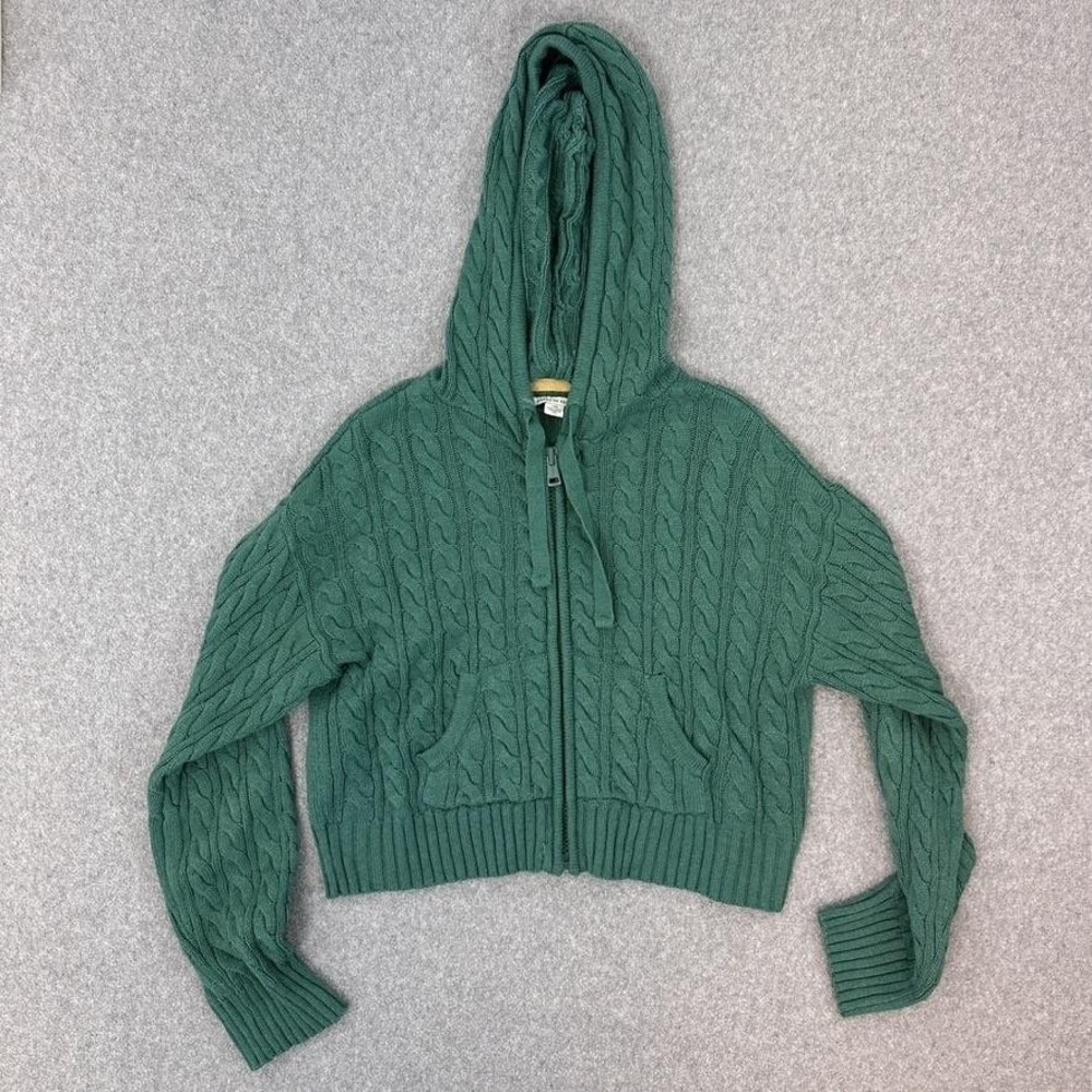 American Eagle Green Cable Knit Full Zip Cropped Hoodie Cardigan Sweater Large